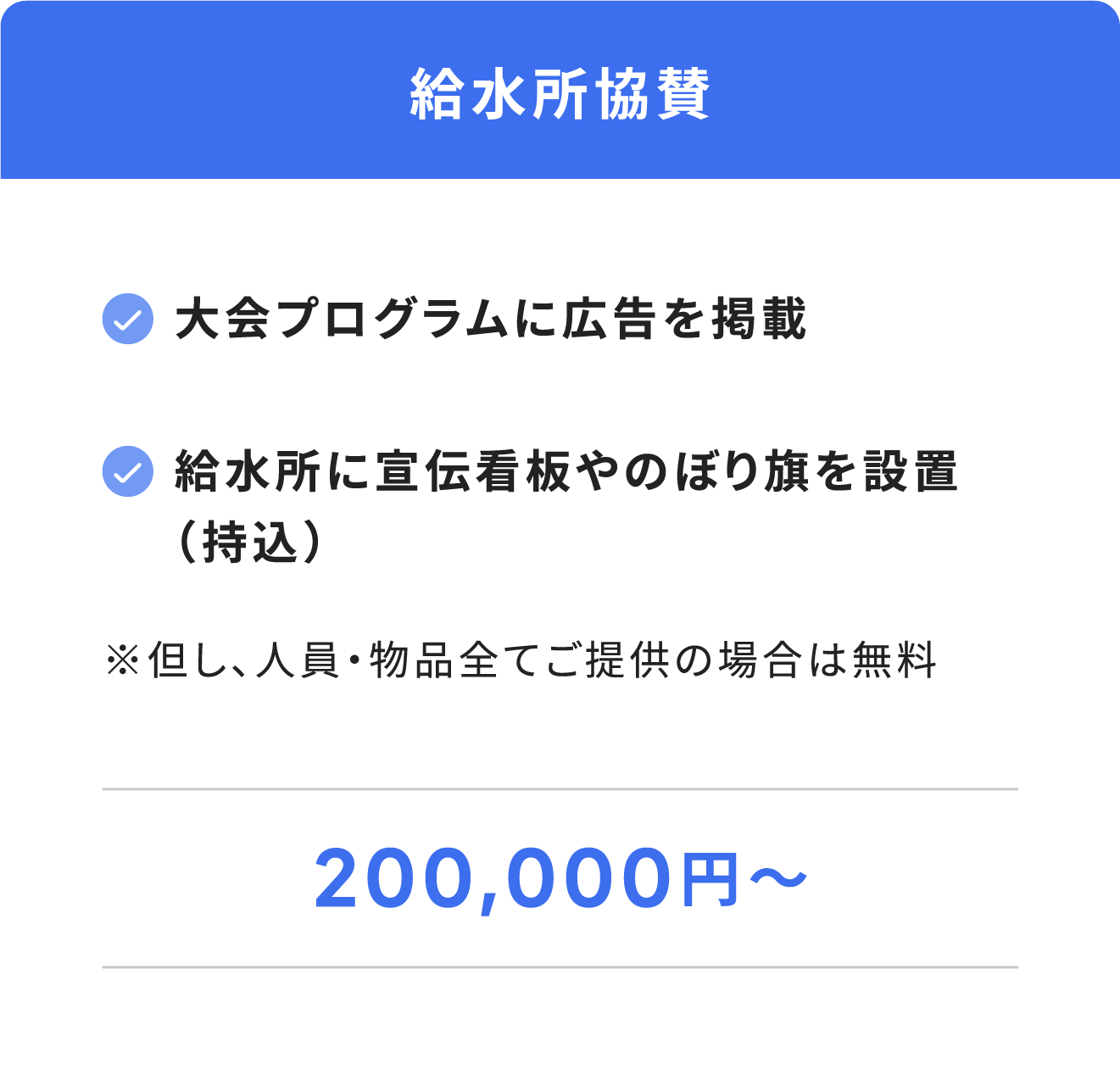 給水所協賛（大会プログラムに広告を掲載。給水所に宣伝看板やのぼり旗を設置）